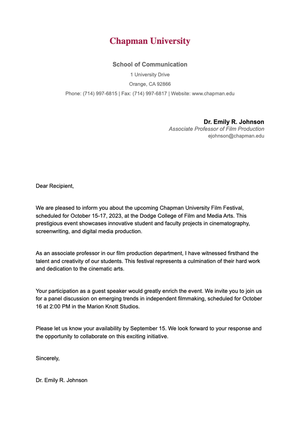 Chapman University official letterhead template with contact placeholders_variant_1